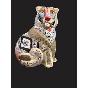 Handcrafted Ceramic Cat Figurine With Abstract Pattern 8" tall